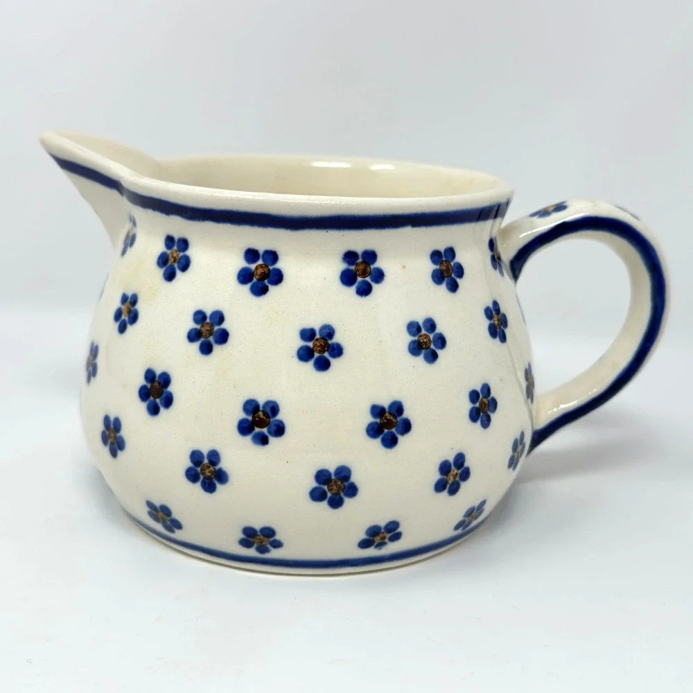 Vintage Heise Bunzlau Pitcher Squat Jug 1L/32oz Blue Daisy German Polish Pottery